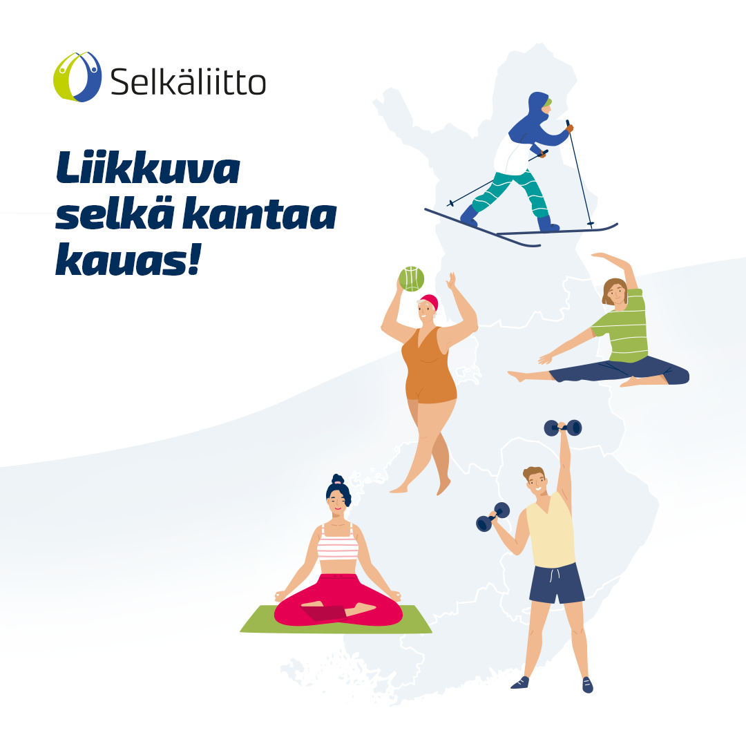 Piirroskuva, Suomen kartalla eri liikuntalajien harrastajia.