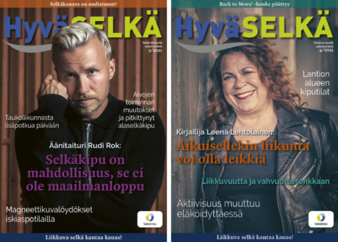 Kaksi Hyvä Selkä -lehden kantta, kuvissa Rudi Rok ja Leena Lehtolainen.