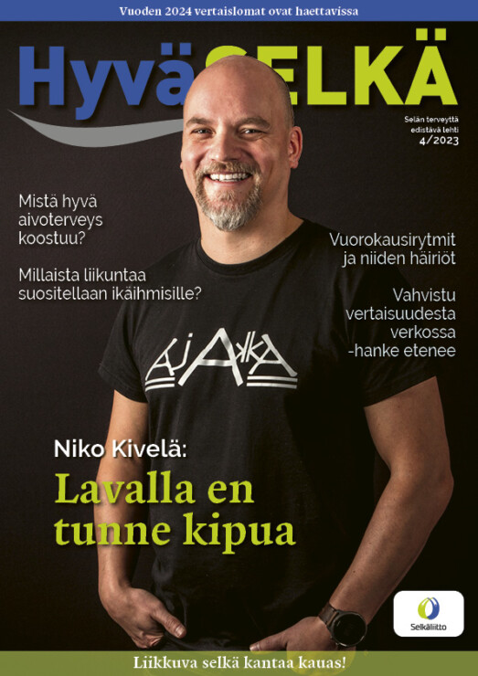 Hyvä Selkä -lehden 4/2023 kansikuvassa Niko Kivelä ja juttuotsikoita. 
